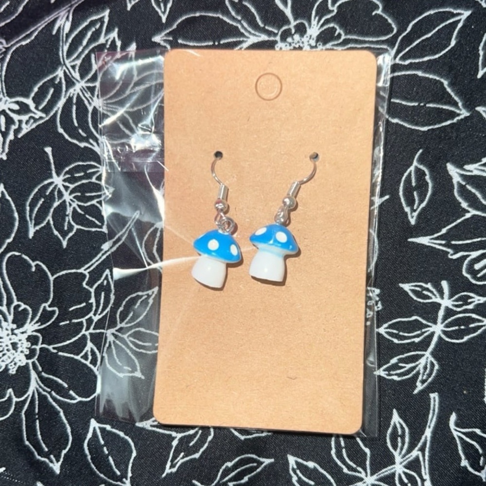 Blue and White Mushroom Earrings for Kids